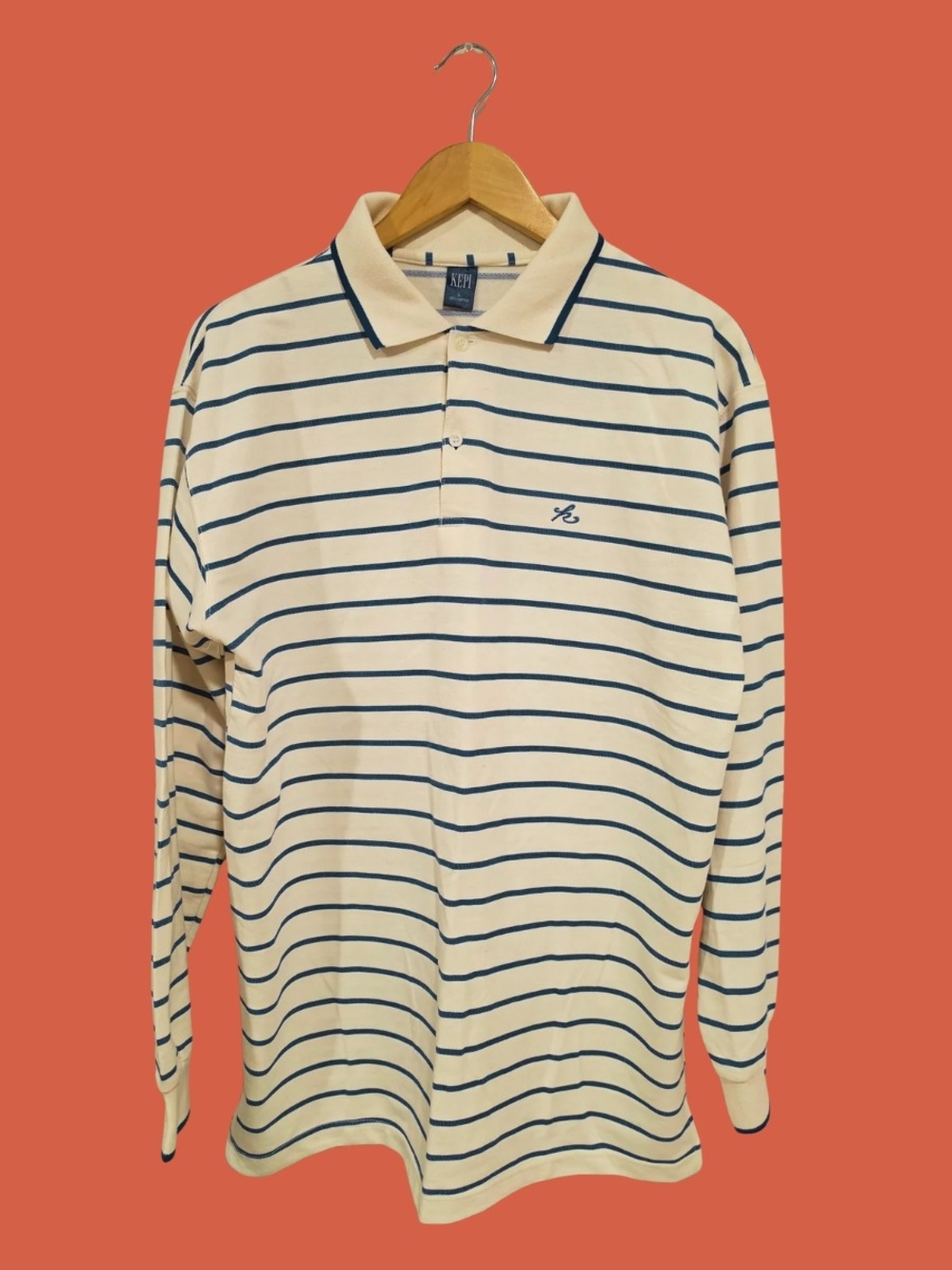 Vintage Cream Long-Sleeve Polo with Navy Stripes